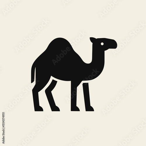 A black stylized camel icon stands on a beige background