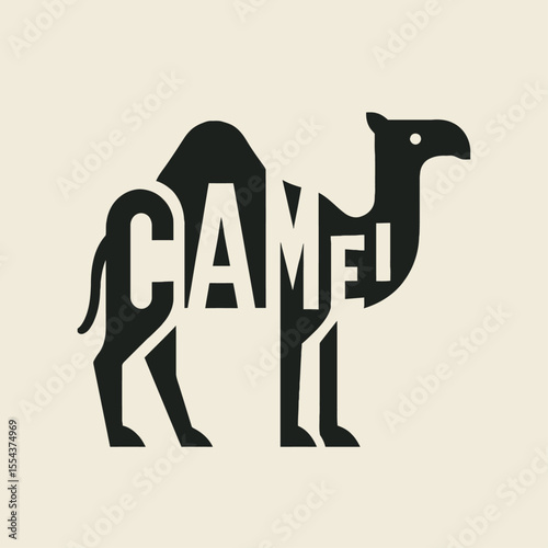 A black silhouette of a camel with the word CAMEL cut into its body against a light beige background