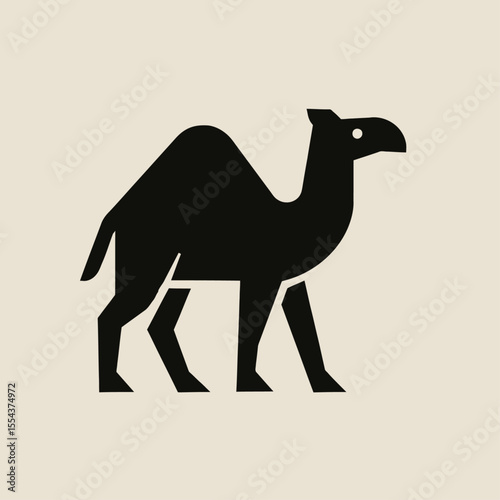 A black stylized silhouette of a camel with geometric features on a beige background