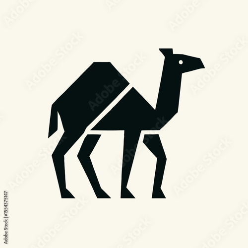 A black geometric camel stands against a cream background