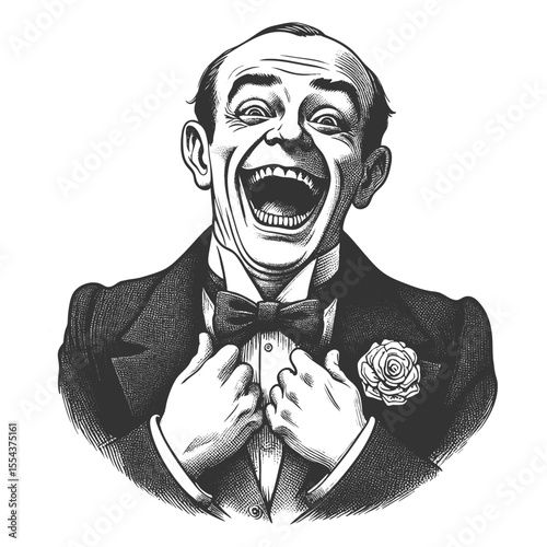 Funny bald man in formal clothing, laughing loudly with a wide open mouth and expressive joy sketch engraving generative ai fictional character vector illustration. Scratch board. Black and white.