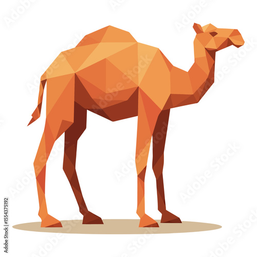 An geometric orange camel stands on light brown ground