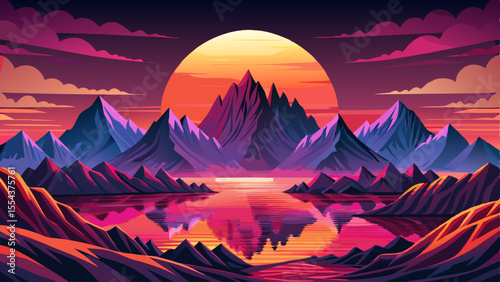 Amazing sunrise lake vector flat minimalistic isolated illustration, beautiful orange sky