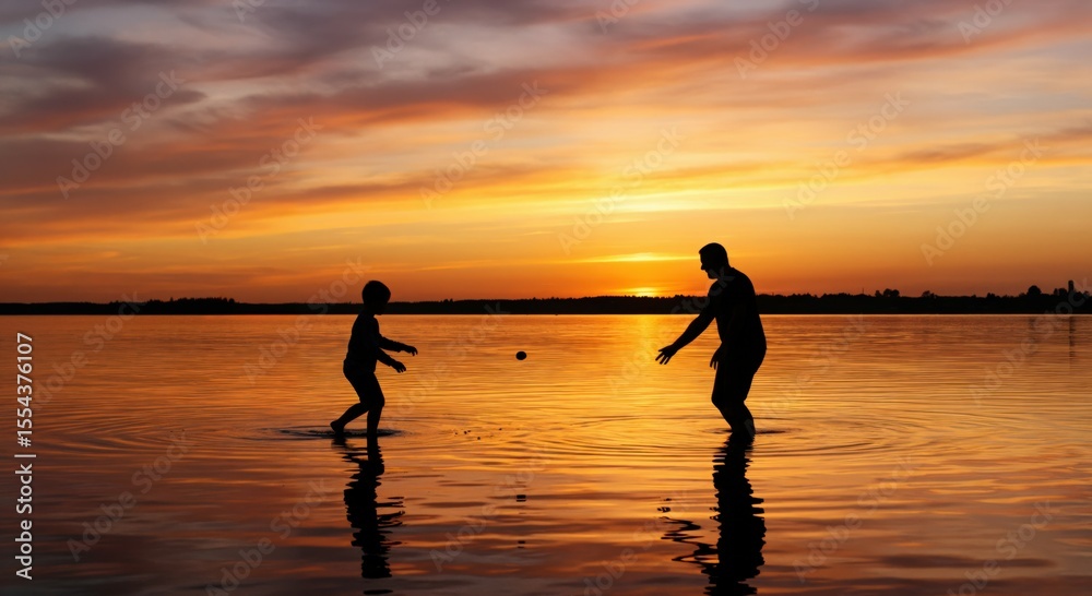 Sunset Family Fun: Parents and Child Playing at the Beach during Golden Hour Sunset Family Fun: Parents and Child Playing at the Beach during Golden Hour