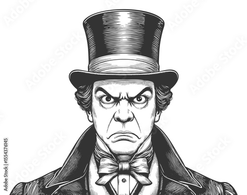 stern man in a top hat and bow tie, showing intense anger or disapproval sketch engraving generative ai fictional character vector illustration. Scratch board imitation. Black and white image.