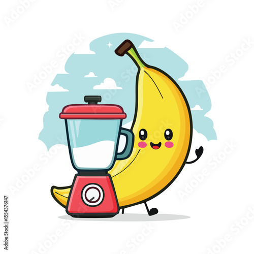 Minimal Flat Vector of a Cute Banana Holding Blender – Bold Black Outline, Happy Expression, No Gradients, Fun Cartoon Fruit Character for Kids and Food Concepts