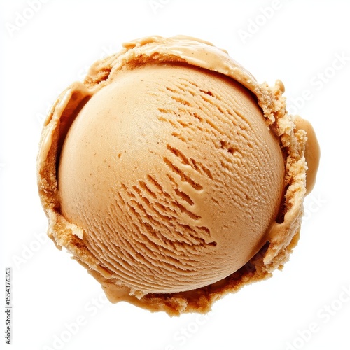 Butterscotch or caramel ice cream scoop, isolated on white background.