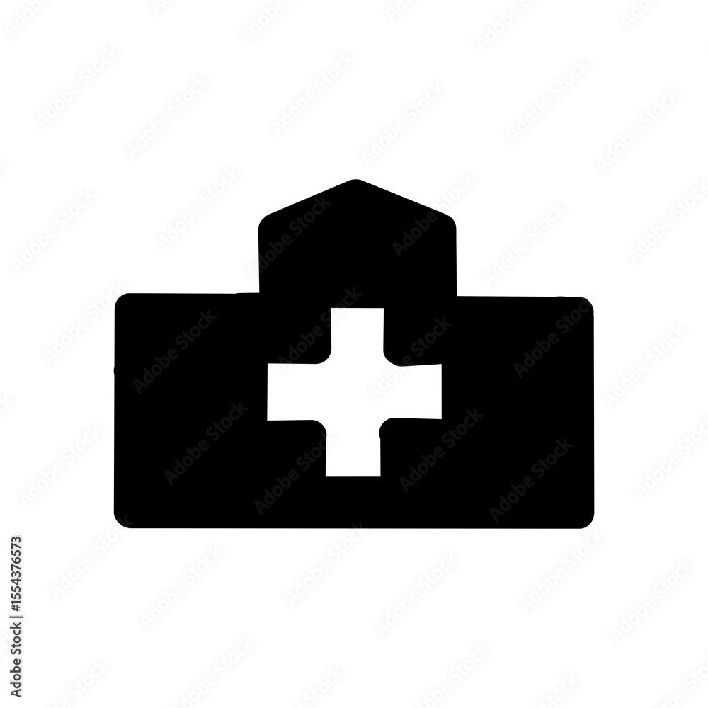 Fototapeta premium Hospital Icon – Medical Building with Cross Symbol・病院・医療施設のシンボルアイコン｜十字マーク入り建物ロゴ
