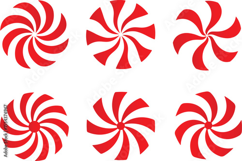 Six red and white spiral peppermint candies arranged on a blank white background illustration
