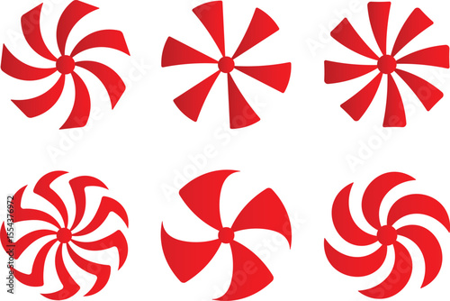 Six different red pinwheel illustrations in a set against a clean white background for design purposes