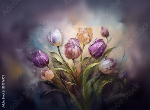 A vibrant bouquet of tulips in purple, white, and peach hues is artfully arranged against a dreamy, abstract background.  The soft lighting enhances the delicate petals and lush green stems.