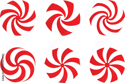 Six vector illustrations of red and white swirl patterns on a plain white background