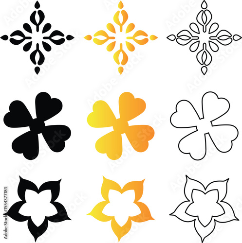 Collection of decorative floral vector elements featuring varied shapes and gradient color designs