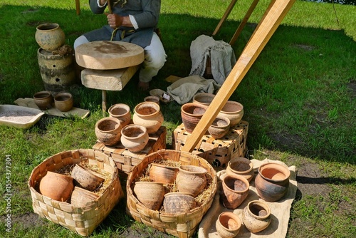 Handmade Clay Pots and Medieval Pottery Techniques. Potter Demonstrating Ancient Ceramics Craft. Viking Era Pottery Making Demonstration.