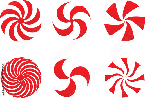 Collection of stylized red and white swirl shapes for graphic design elements and abstract concepts