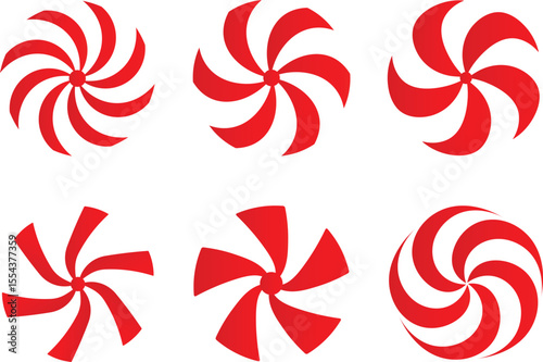 Collection of stylized spiral peppermint candies in various shapes and artistic compositions for graphic design