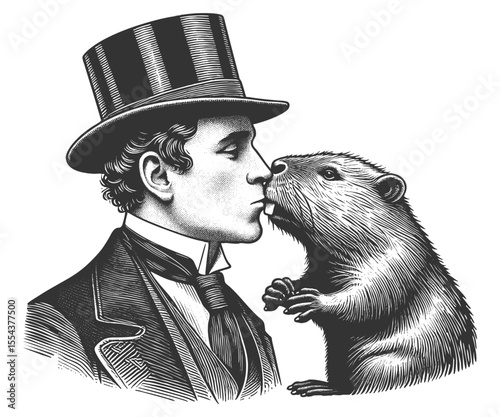Funny man affectionately kissing a beaver on the nose sketch engraving generative ai fictional character vector illustration. Scratch board imitation. Black and white image.