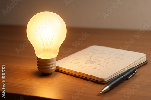 Creative idea concept with glowing lightbulb and sketchbook on wooden desk, symbolizing inspiration and innovation
