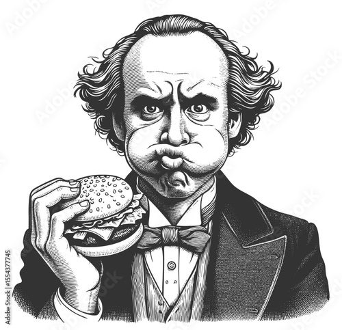 man in formal attire, cheeks puffed out comically eating large hamburger in hand sketch engraving generative ai fictional character vector illustration. Scratch board imitation. Black and white image.