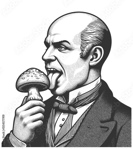 bald man in formal attire licking a mushroom with a curious and odd expression sketch engraving generative ai fictional character vector illustration. Scratch board imitation. Black and white image.