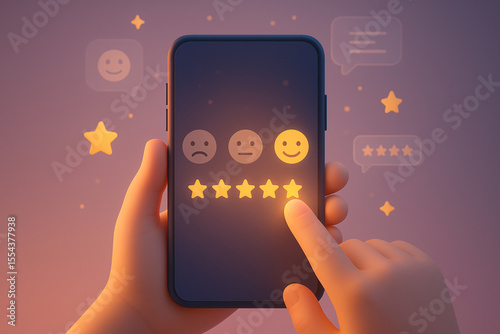 Digital customer satisfaction rating with glowing five-star feedback and smiley face emoji on smartphone interface
