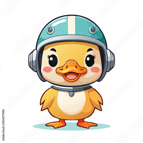 Minimal Flat Vector of a Cute Duckling in Retro Helmet – Bold Black Outline, Happy Expression