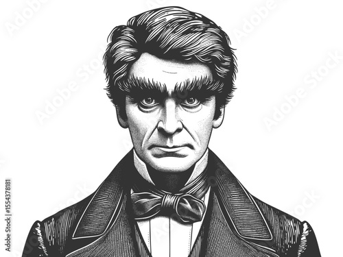 Funny man with thick eyebrows, dressed in formal 19th-century attire sketch engraving generative ai fictional character vector illustration. Scratch board. Black and white image.