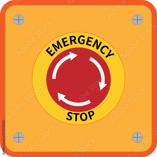 An orange square emergency stop button with a yellow circle, red center, and white arrows, labeled "EMERGENCY STOP".