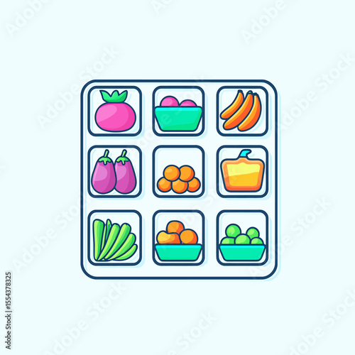 Colorful Grid of Fresh Produce: Vibrant Vegetables and Fruits in Compartments