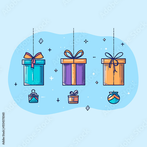 Colorful Hanging Gift Boxes with Decorative Bows and Festive Accents