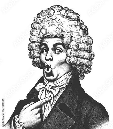 shocked man in elaborate curly wig and 18th-century attire, pointing at himself in disbelief sketch engraving generative ai fictional character vector illustration. Scratch board. Black and white.