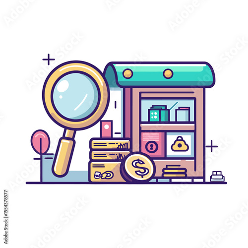 Magnifying Glass Investigating a Small Business Shop with Cash and Credit Cards