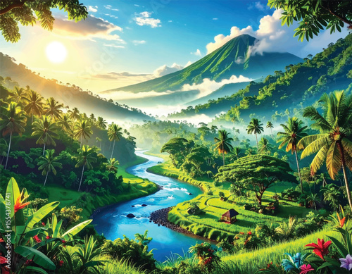 A tropical paradise with mist, river, and forested hills. Sunrise light casting over tropical plants and river. Clear river winding through a lush tropical valley. Mountainous tropical landscape