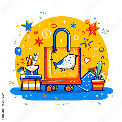 Whimsical Shopping Bag on Wheels with Bird Design and Festive Accents