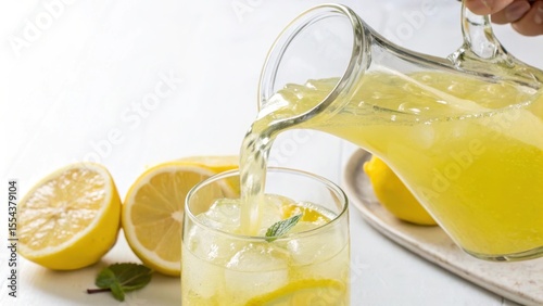 Refreshing lemonade being poured from a pitcher into a glass.