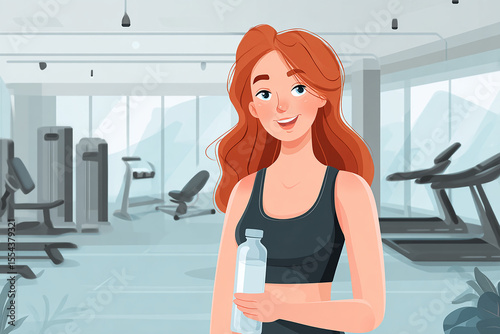 Young woman doing exercise at gym and hold a bottle of water