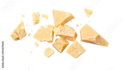 Parmesan cheese pieces falling on transparent background