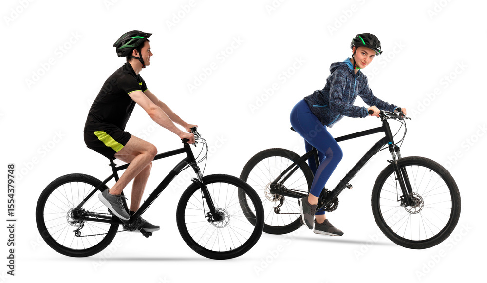 Fototapeta premium Sportsman and sportswoman riding bicycles on white background