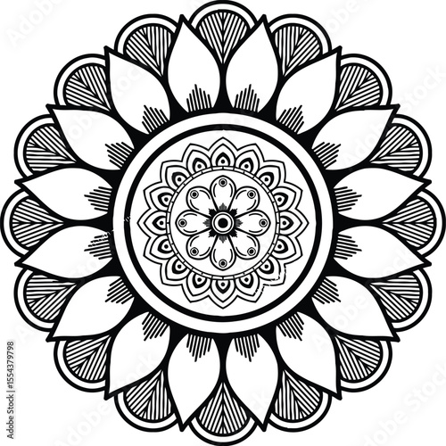 Intricate flower mandala showcasing balance and harmony in black ink on a white background