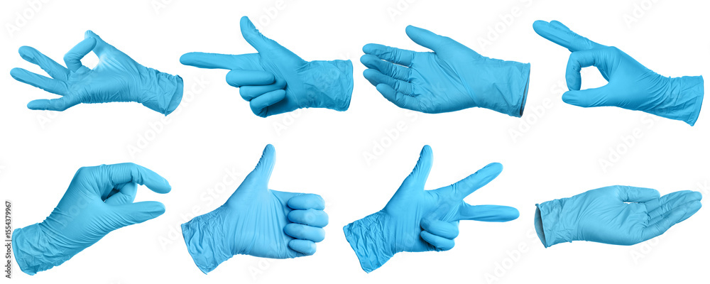Fototapeta premium Nitrile medical gloves isolated on white, collage collage of gestures