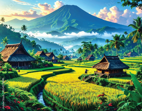 Stunning countryside view of rice paddies and scenic mountains. Tranquil landscape with rice terraces and traditional homes. Vibrant rural farming scene with lush fields and mountains