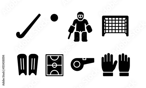 Essential field hockey icons: stick, ball, player, goal, pads, field, whistle, gloves