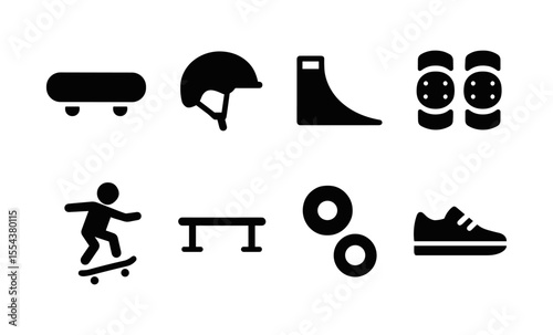 Skateboarding icons set featuring board, helmet, ramp, and shoe for urban sports design