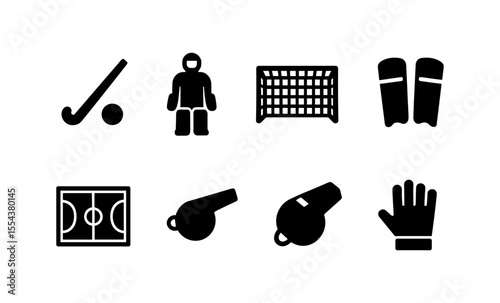 Field hockey icons set: sticks, goal, protective gear, whistles, goalkeeper, gloves
