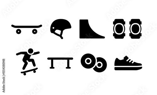 Skateboarding icons set: board, gear, and ramp silhouettes for active lifestyle graphics