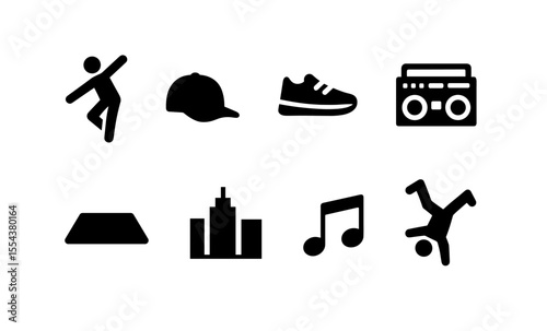 Urban dance icons: breakdancing, music, and city life symbols in black and white