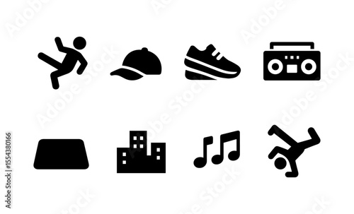 Hip hop culture icons: graffiti, dance, sneakers, music, city vibes