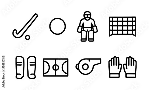 Field hockey icons set: equipment and game essentials in linear style