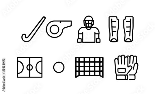 Field hockey essentials: equipment icons including stick, ball, protective gear, and whistle