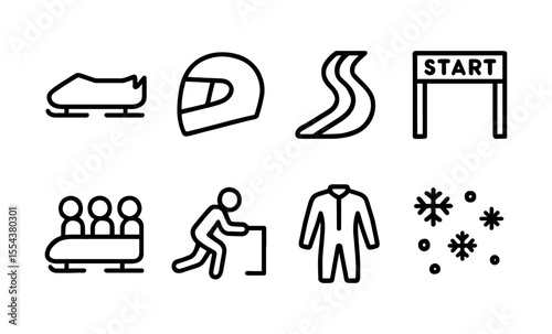 Bobsledding icons set: sled, helmet, track, start sign, team, push, suit, snowflakes